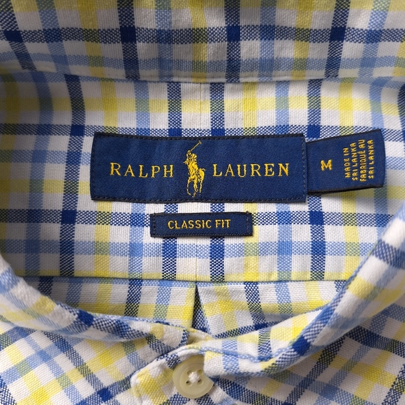 Ralph Lauren Men Sz M Classic Fit Yellow Blue Check Button-Down Shirt Flesh Pony - Picture 11 of 15